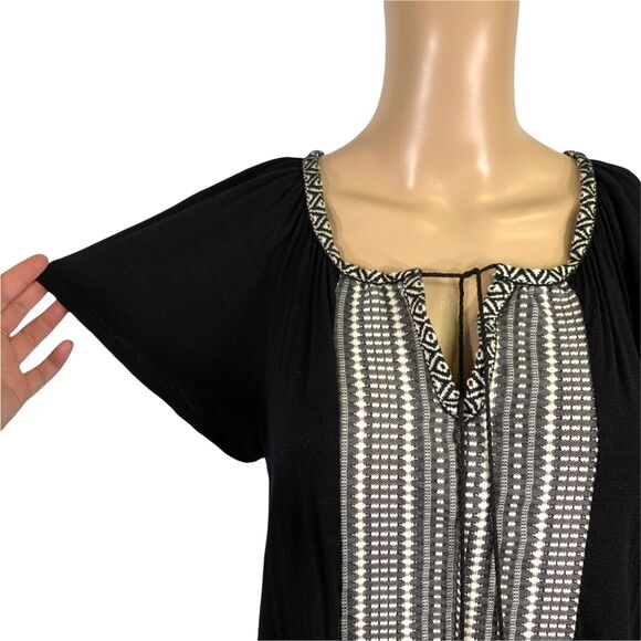 W5 Womens Peasant Top Blouse Shirt V Neck Woven Detail Pullover Black White Med - Picture 3 of 8